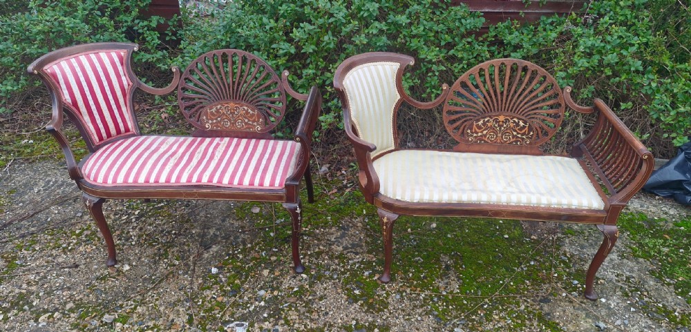 Matched pair of bone inlaid mahogany window seats. View IX