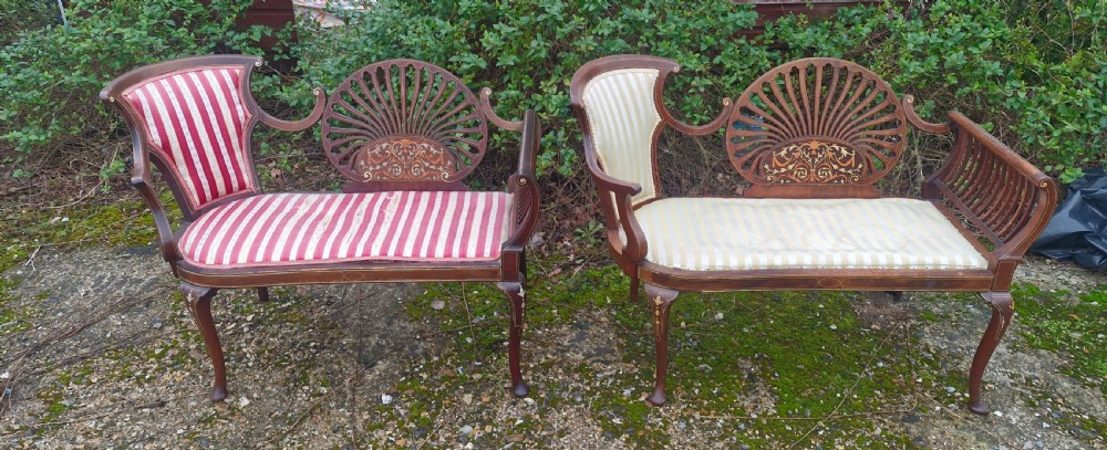 Matched pair of bone inlaid mahogany window seats. View XI