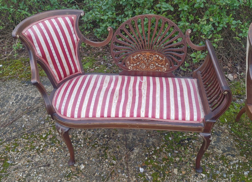 Matched pair of bone inlaid mahogany window seats. View X