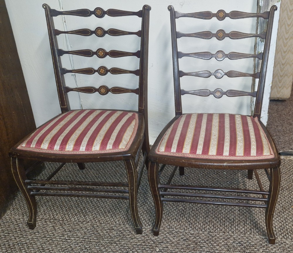 Pair of bone and satinwood inlaid bedroom chairs.  View II