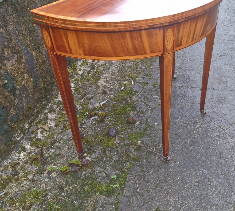 Early 19th century inlaid mahogany demi lune games table.  View IX