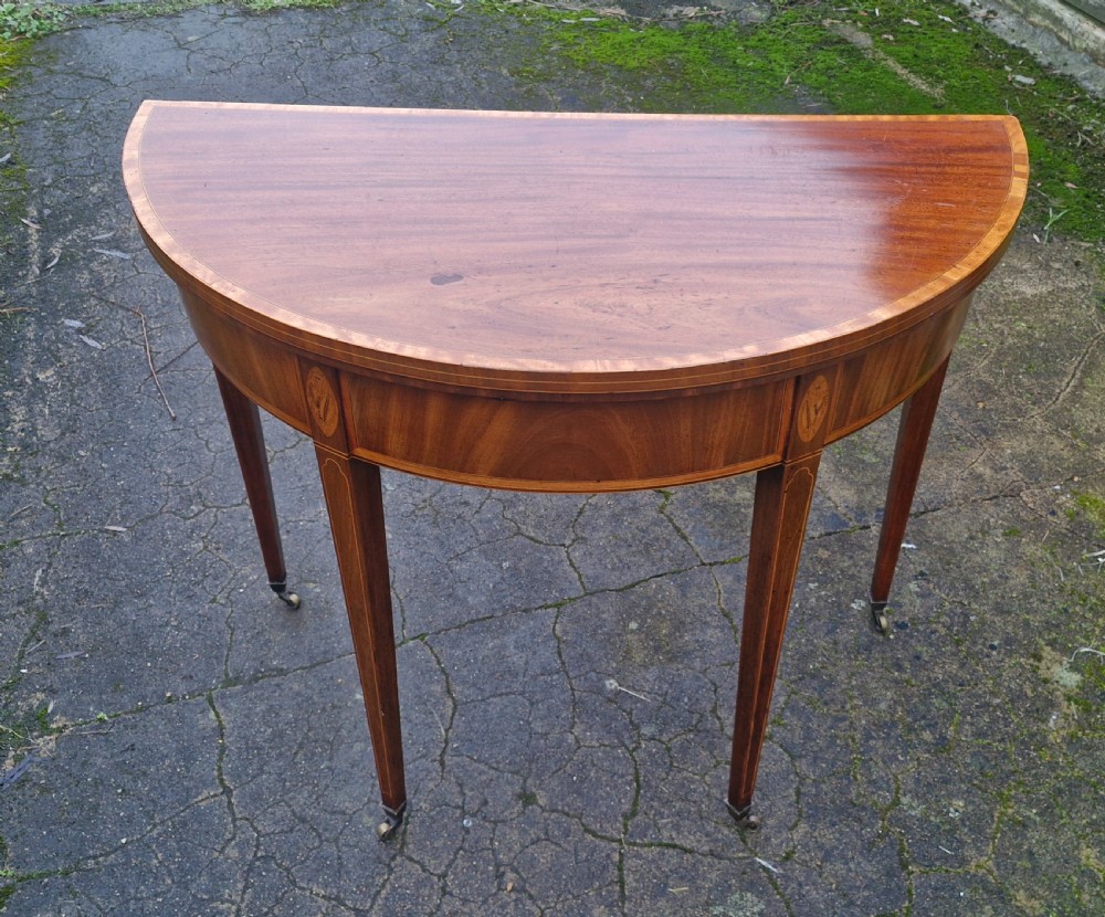 Early 19th century inlaid mahogany demi lune games table.  View XIII