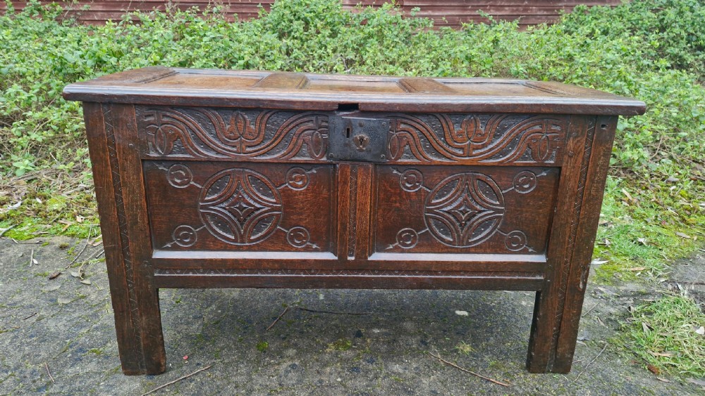 Early 18th century panelled oak coffer. 