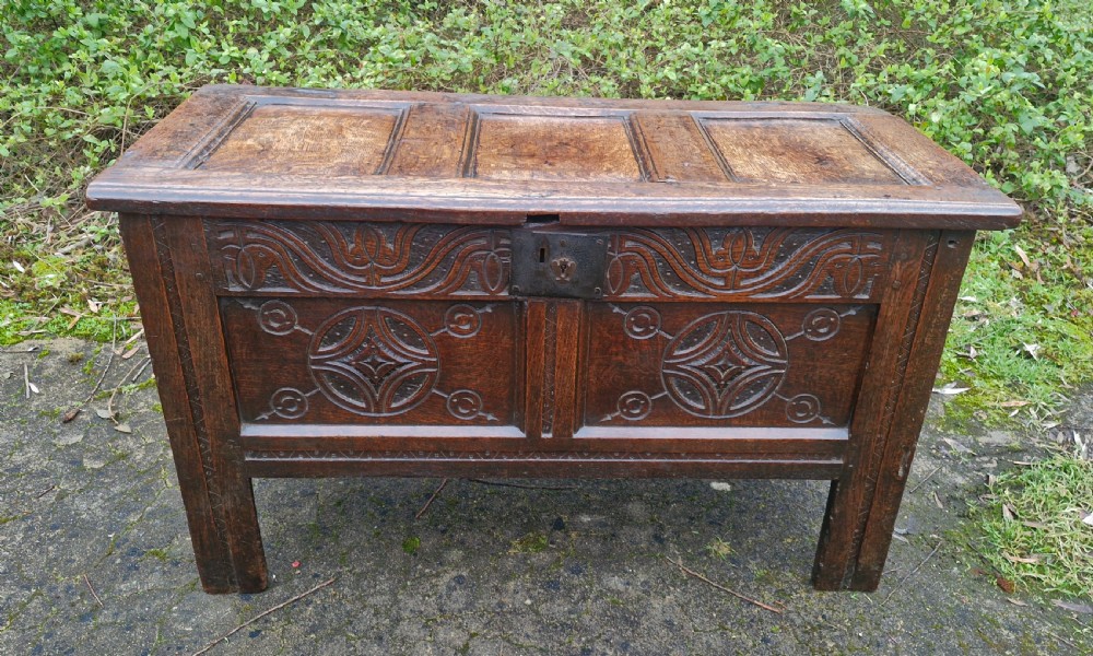 Early 18th century panelled oak coffer.  View II