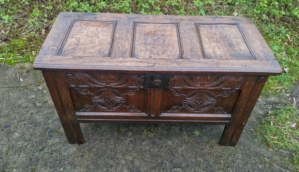 Early 18th century panelled oak coffer.  View X