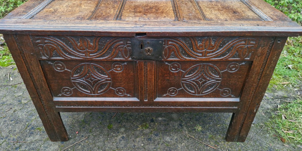 Early 18th century panelled oak coffer.  View XI