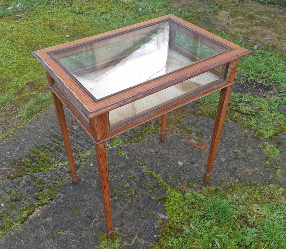 Edwardian inlaid Satinwood bijouterie display table.  View V