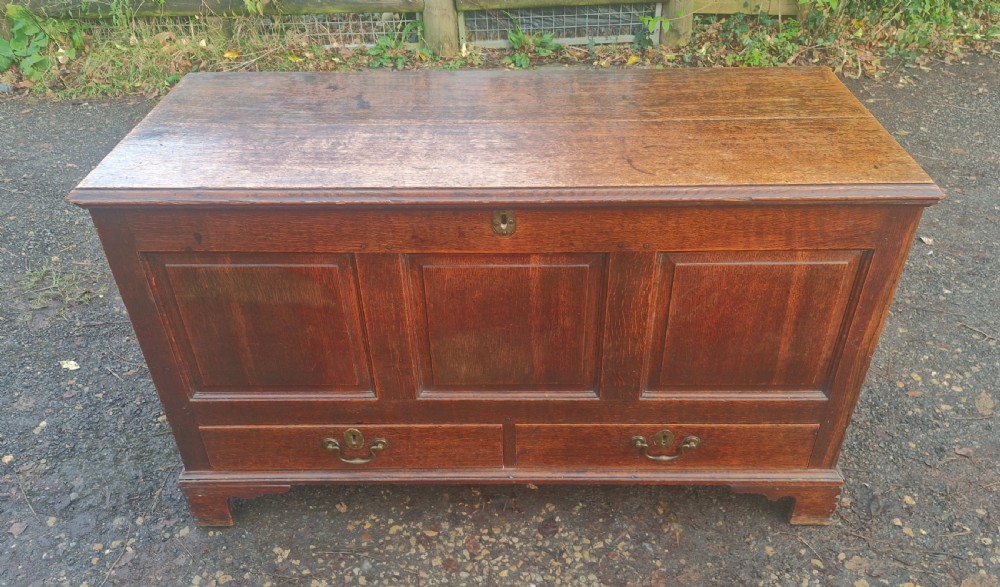 A late Georgian oak blanket chest featuring three fielded front panels, two lower drawers with brass drop handles, and a hinged lid.