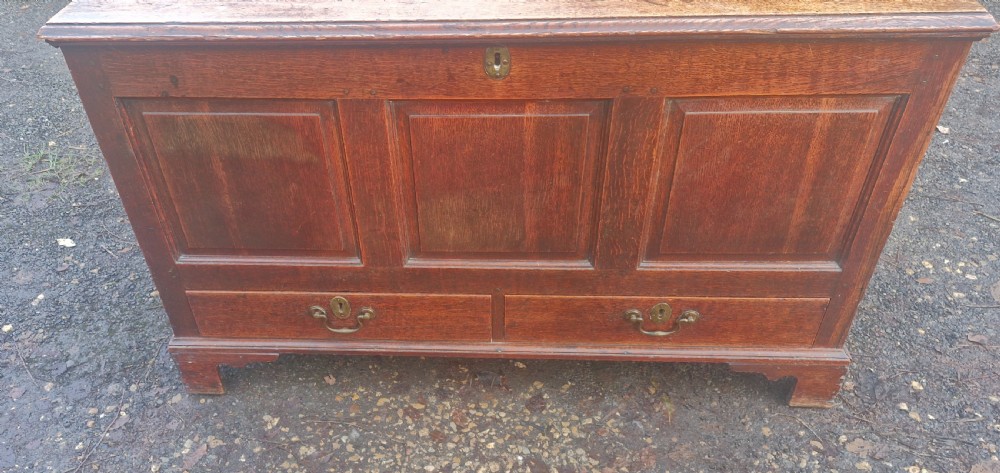 A late Georgian oak blanket chest featuring three fielded front panels, two lower drawers with brass drop handles, and a hinged lid. View VII