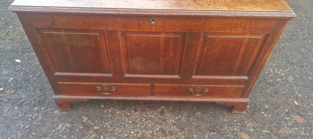 A late Georgian oak blanket chest featuring three fielded front panels, two lower drawers with brass drop handles, and a hinged lid. View X