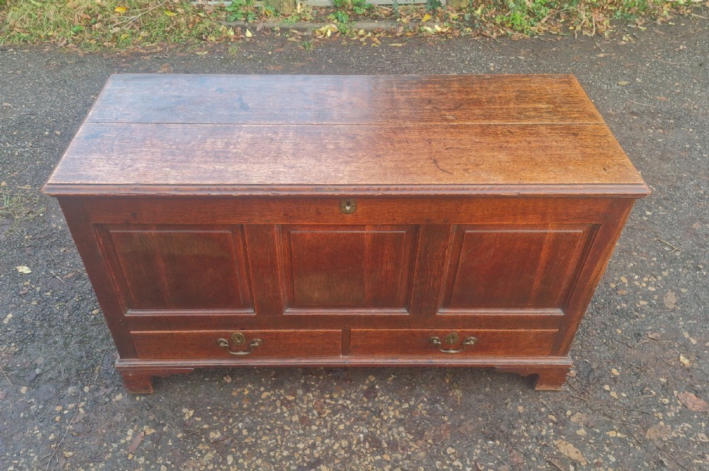 A late Georgian oak blanket chest featuring three fielded front panels, two lower drawers with brass drop handles, and a hinged lid. View XI