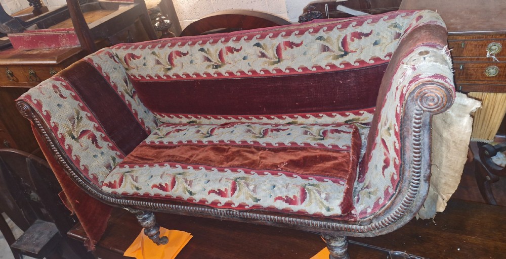Rare Regency upholstered sofa of child's size. View V