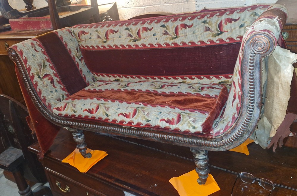 Rare Regency upholstered sofa of child's size. View VIII
