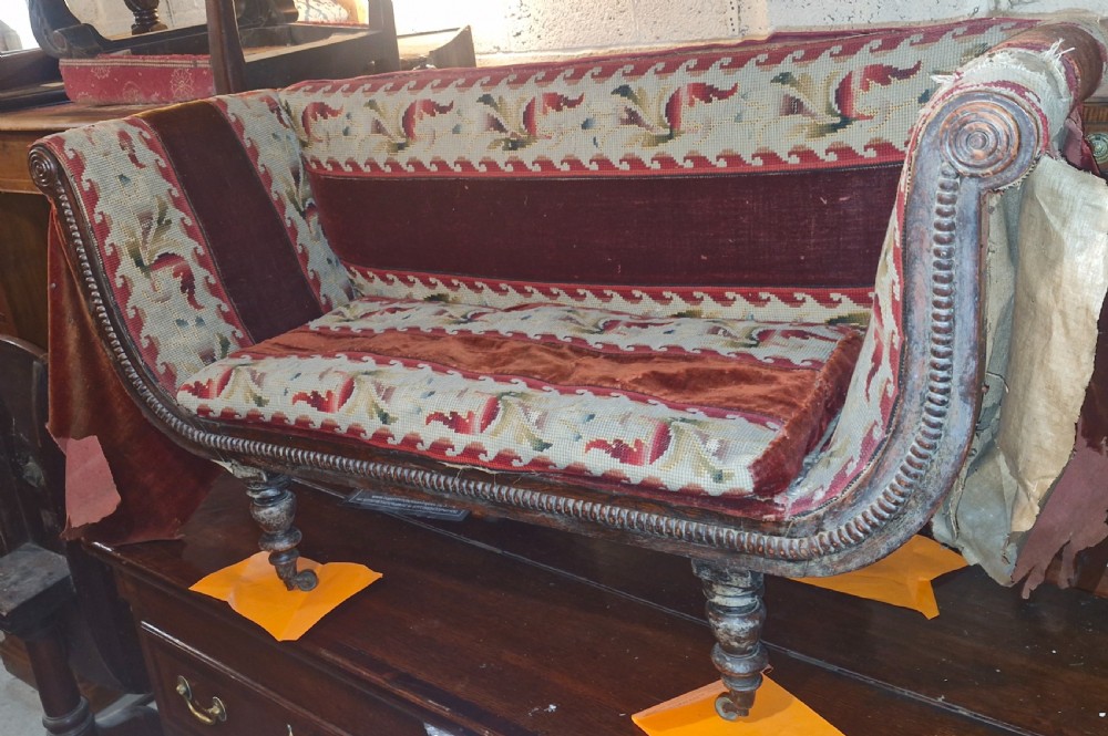 Rare Regency upholstered sofa of child's size. View IX