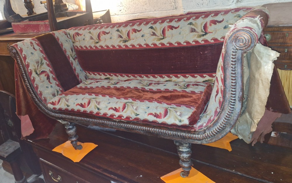 Rare Regency upholstered sofa of child's size. View X