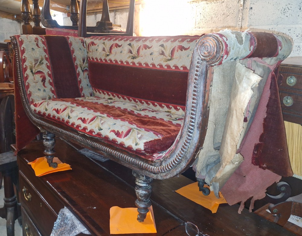 Rare Regency upholstered sofa of child's size. View XI