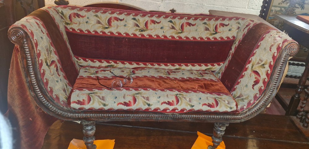 Rare Regency upholstered sofa of child's size. View XII