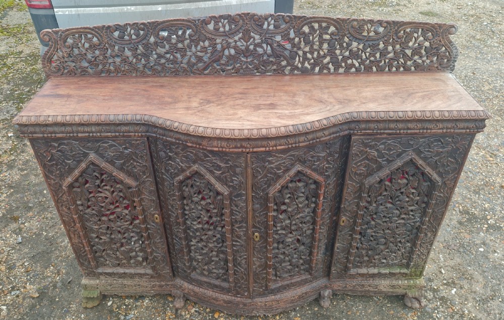 Carved Anglo Indian hardwood 4 door side cabinet.  View III