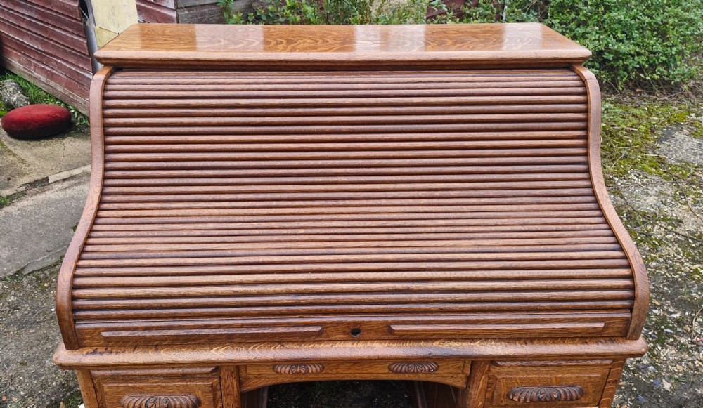 Good oak Roll top pedestal desk. View VII