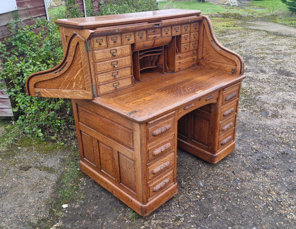 Good oak Roll top pedestal desk. View XVI