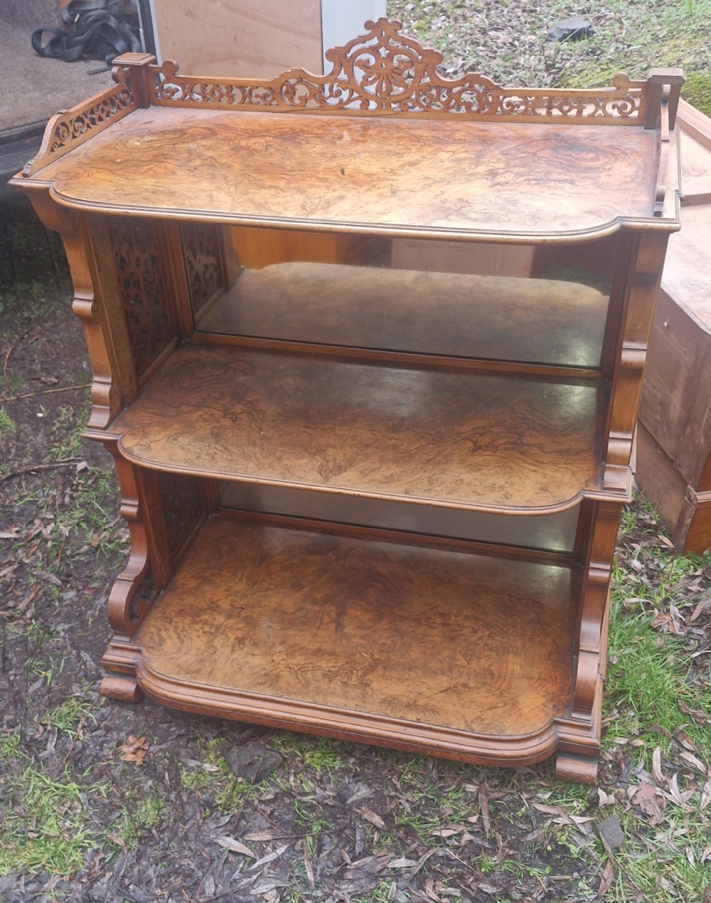 Victorian walnut mirror backed etagere. 