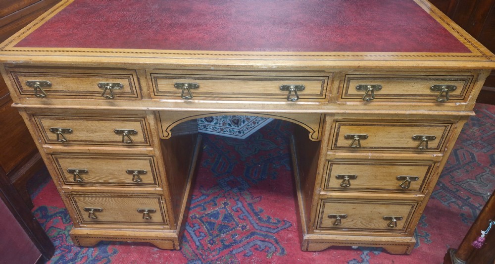Good Victorian inlaid ash kneehole pedestal writing desk.  View III