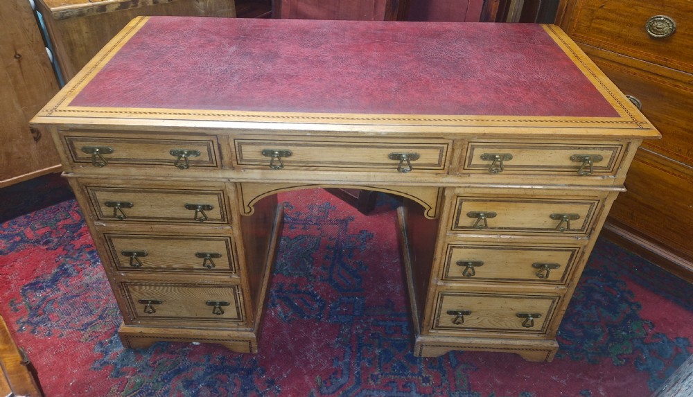 Good Victorian inlaid ash kneehole pedestal writing desk.  View IX