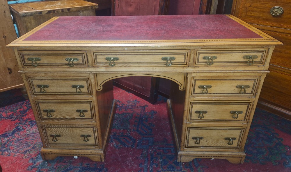 Good Victorian inlaid ash kneehole pedestal writing desk.  View X