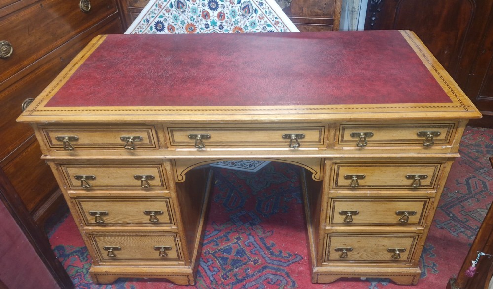 Good Victorian inlaid ash kneehole pedestal writing desk.  View XI
