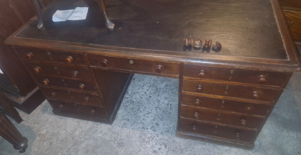 A nineteenth-century dark wood pedestal desk featuring a leather writing surface, turned wooden knobs, and numbered drawer fronts. View IX