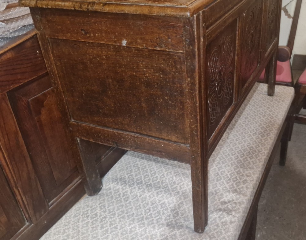 18th century West Country carved oak coffer.  View II