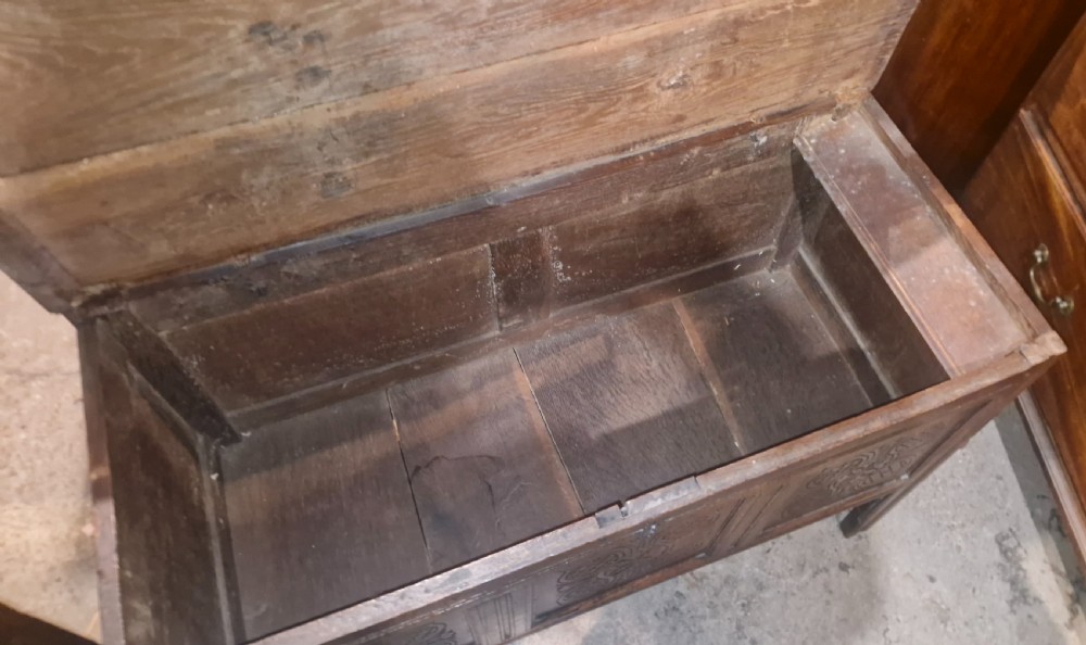 18th century West Country carved oak coffer.  View III
