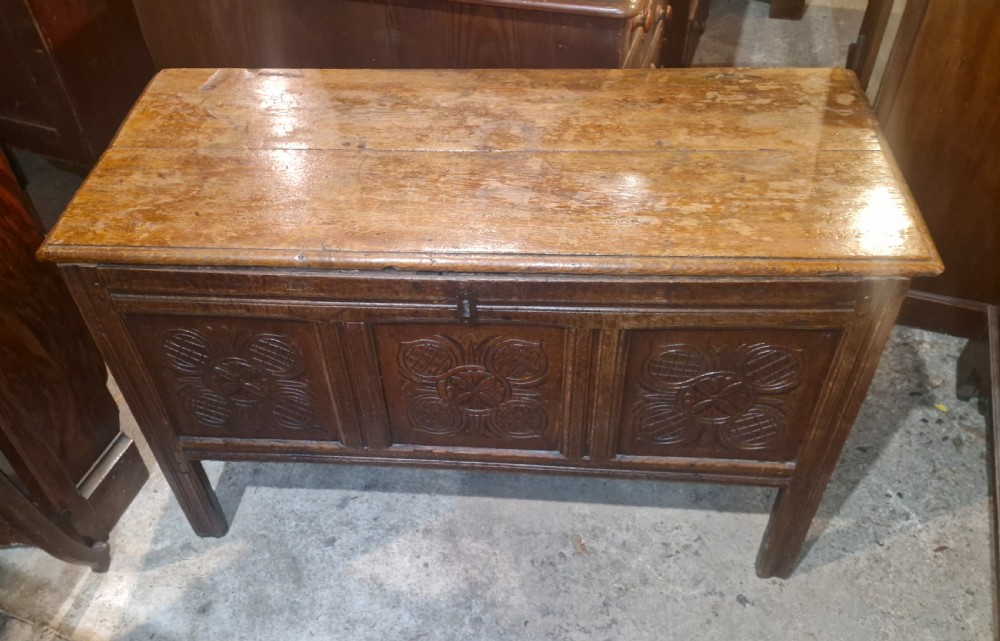 18th century West Country carved oak coffer.  View V
