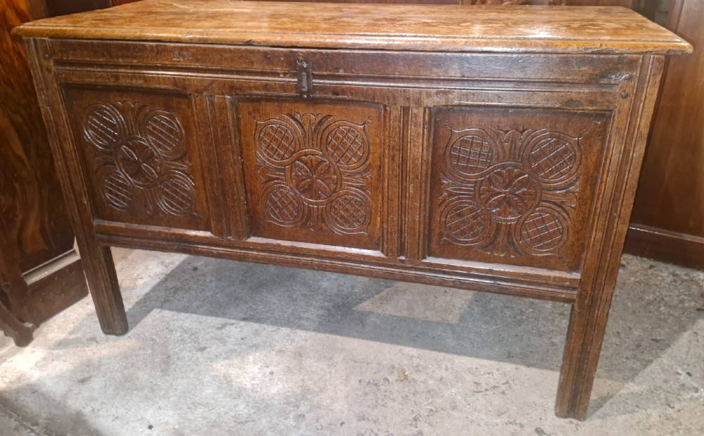 18th century West Country carved oak coffer.  View VI