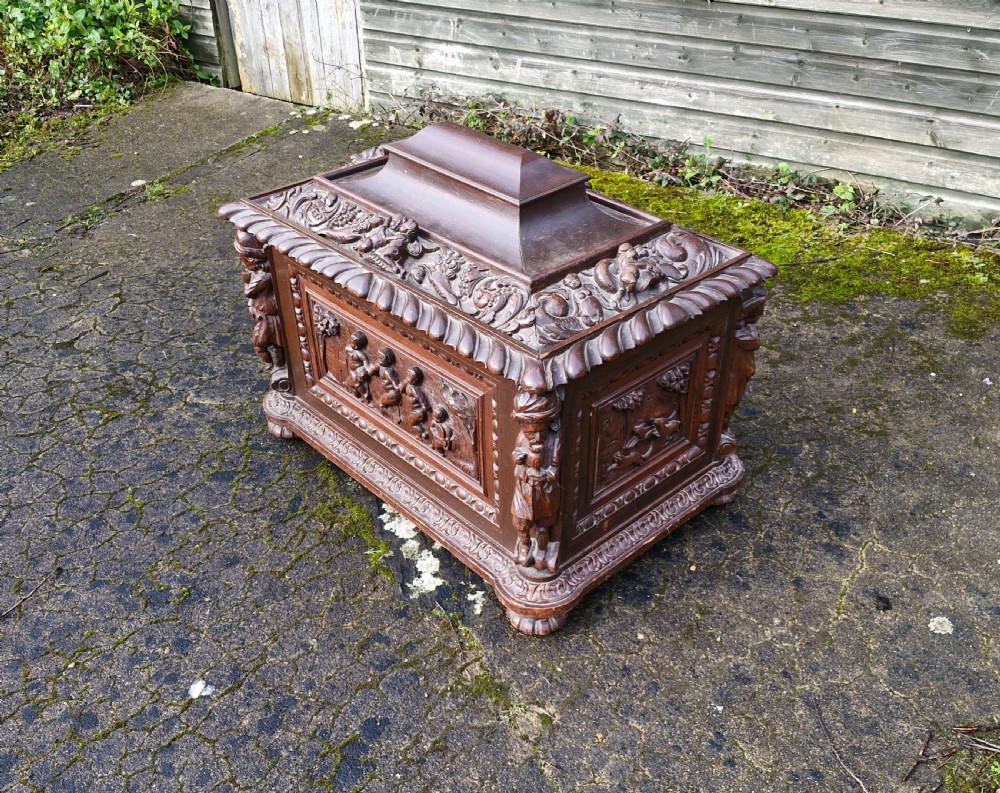 Mid 19th century carved oak wine cooler.  View X