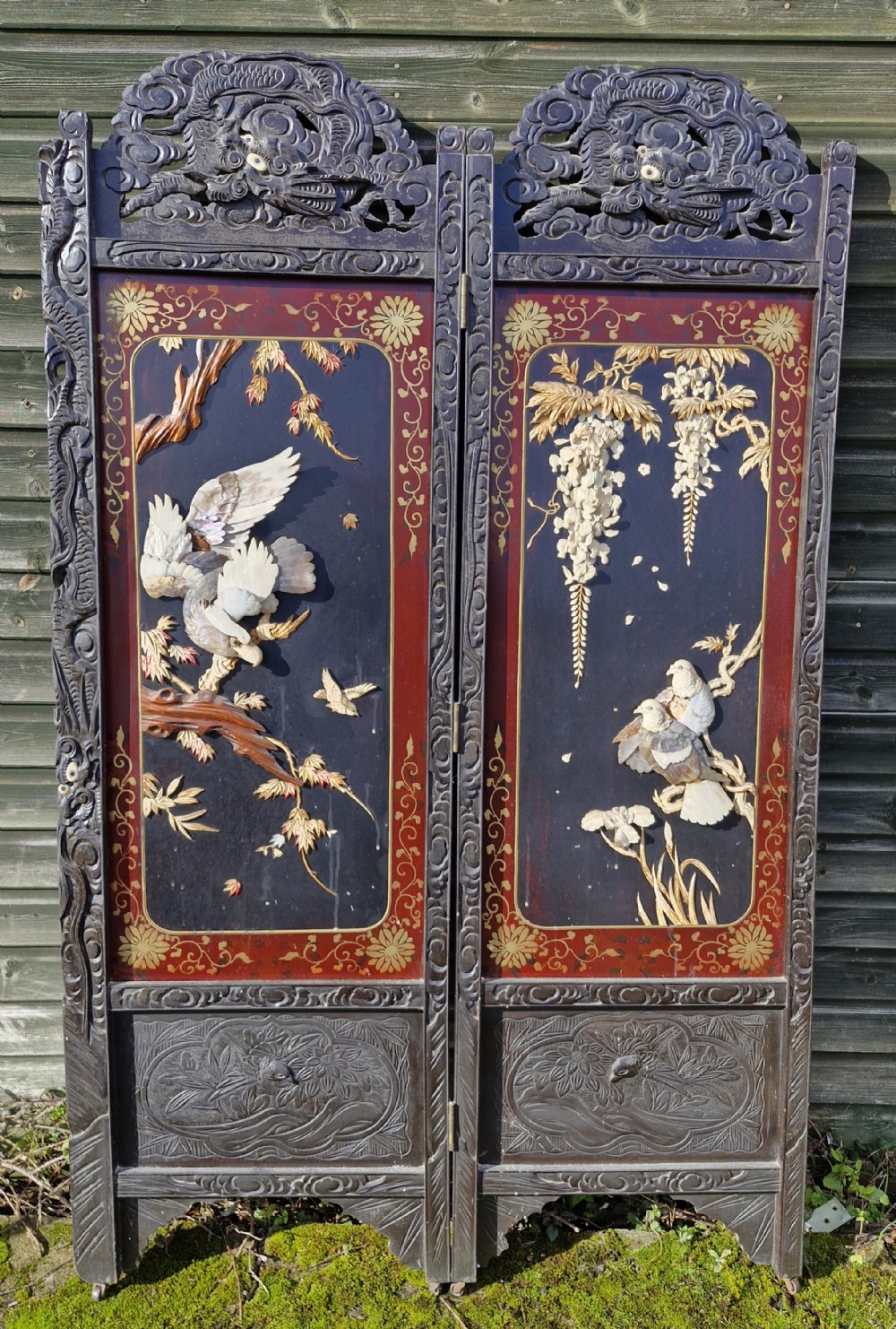 Oriental carved bone and mother of Pearl 2 fold dressing screen. 