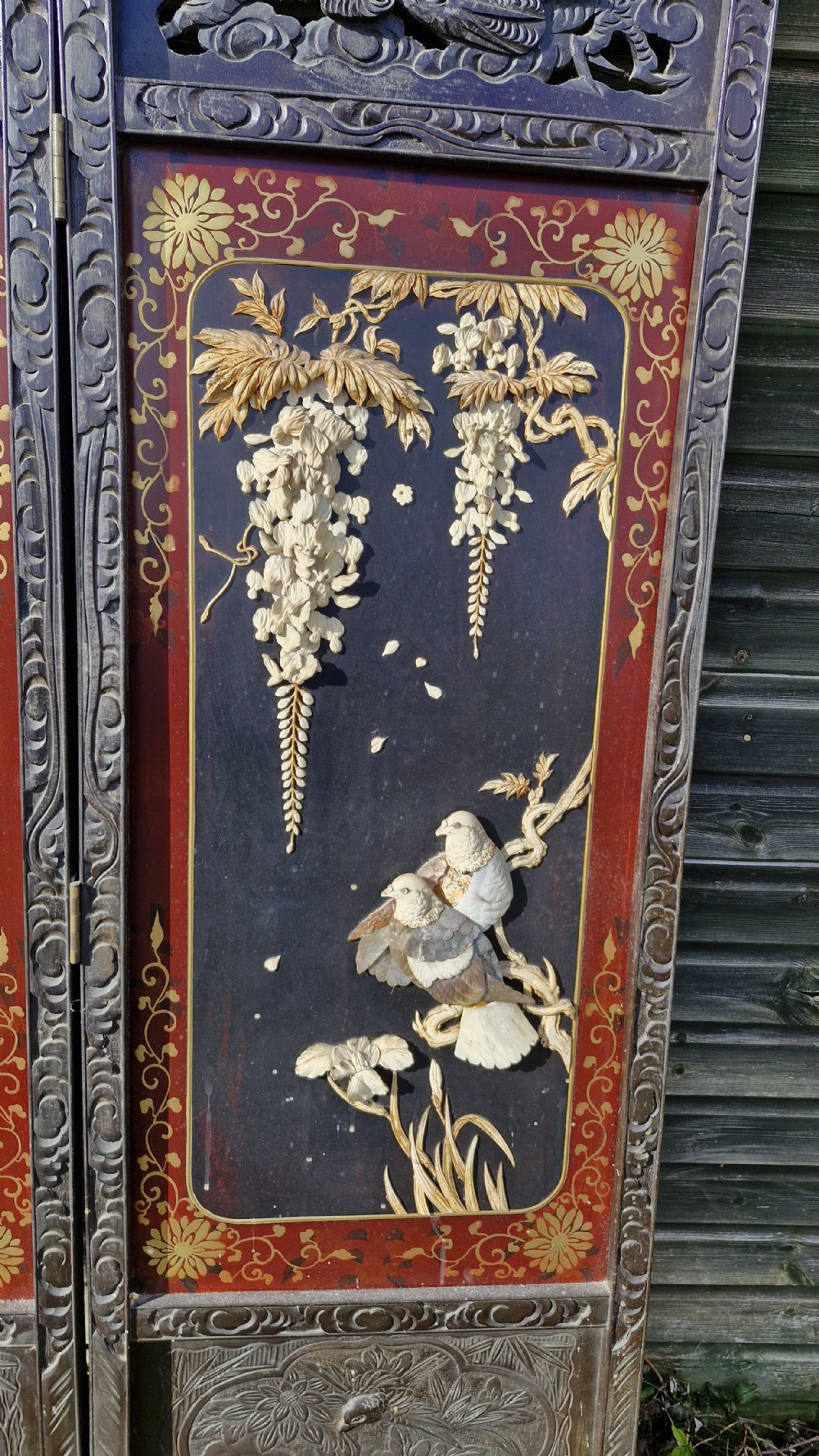 Oriental carved bone and mother of Pearl 2 fold dressing screen.  View IV