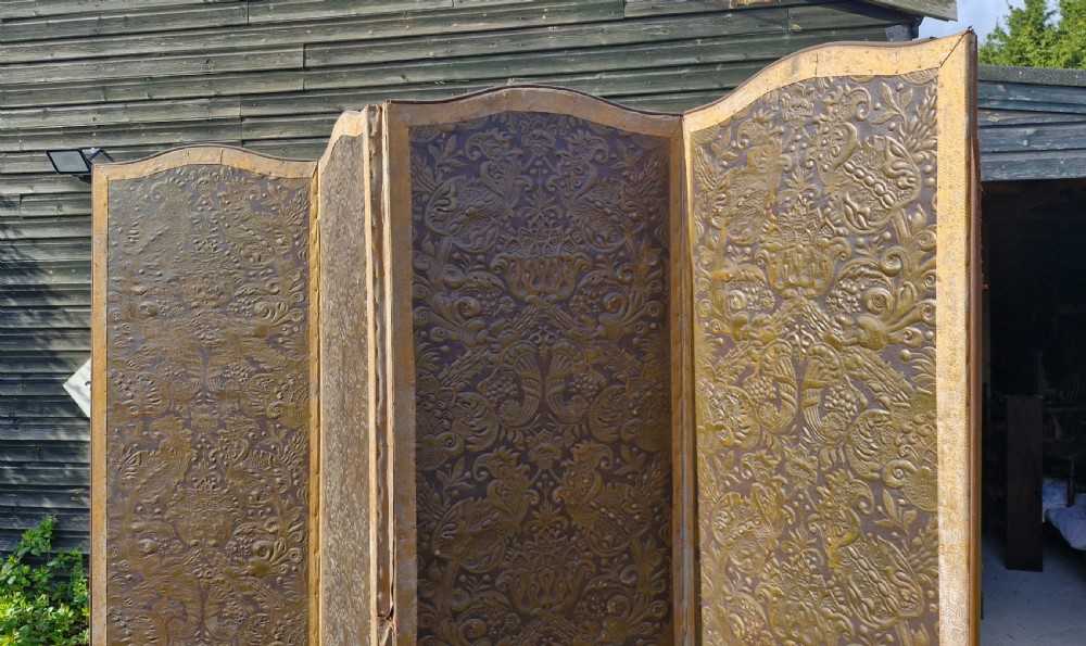 Large embossed country house 4 fold dressing screen.  View VIII