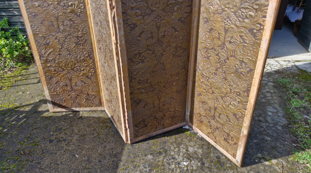 Large embossed country house 4 fold dressing screen.  View IX