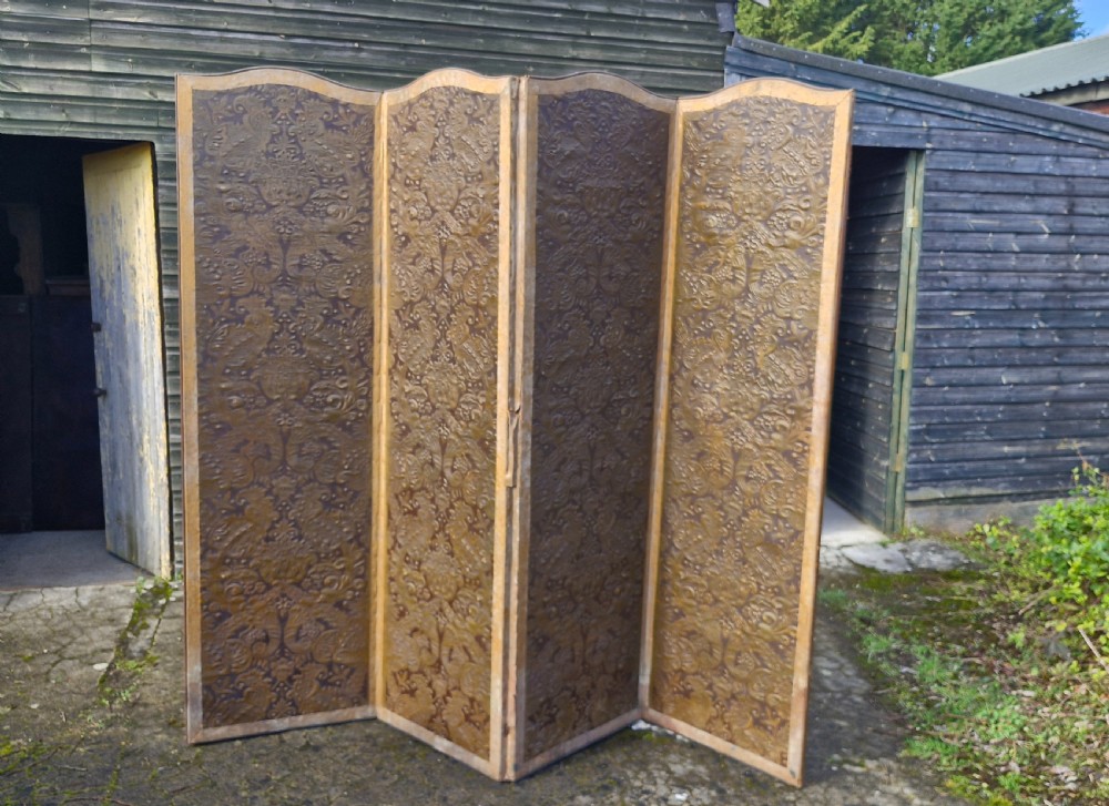 Large embossed country house 4 fold dressing screen.  View XV