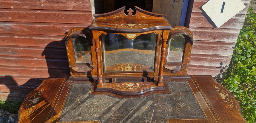 Late Victorian inlaid rosewood Ladys writing table with drop side flaps. View V
