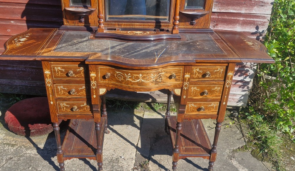 Late Victorian inlaid rosewood Ladys writing table with drop side flaps. View VI