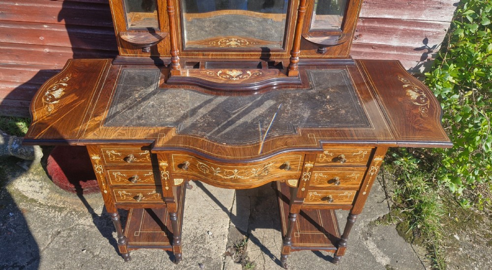 Late Victorian inlaid rosewood Ladys writing table with drop side flaps. View VII