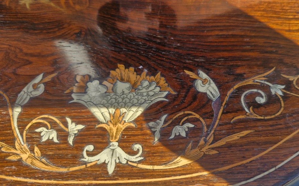 Late Victorian inlaid rosewood Ladys writing table with drop side flaps. View IX