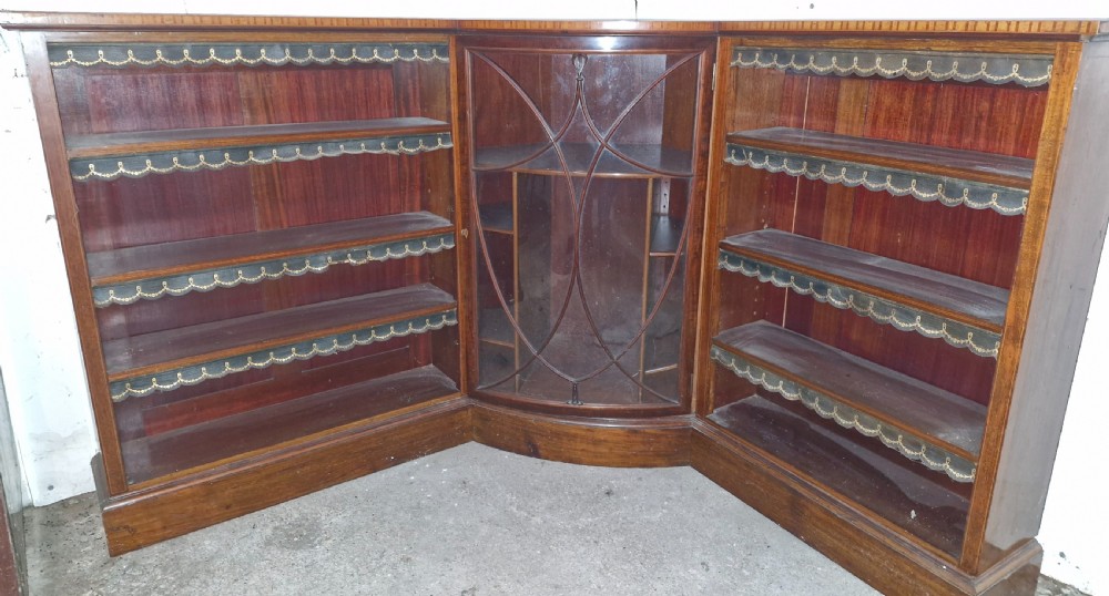 Edwardian inlaid mahogany corner bookcase.