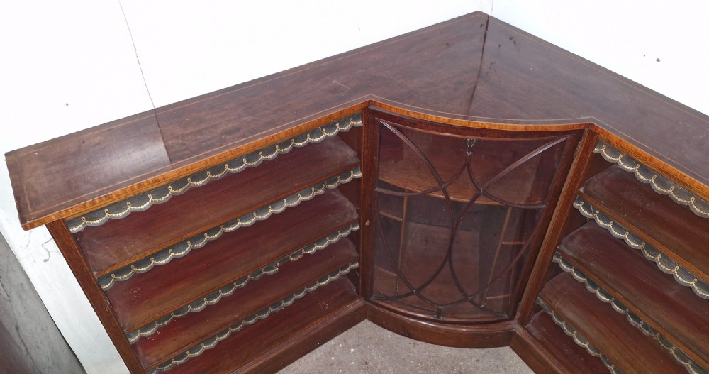 Edwardian inlaid mahogany corner bookcase. View II