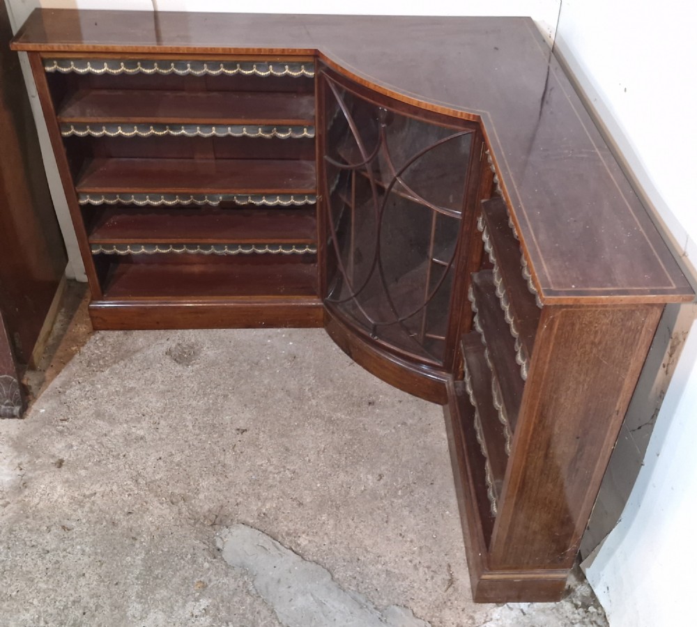 Edwardian inlaid mahogany corner bookcase. View III