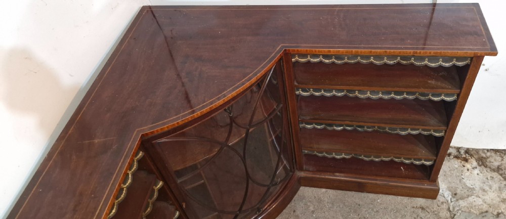 Edwardian inlaid mahogany corner bookcase. View IV