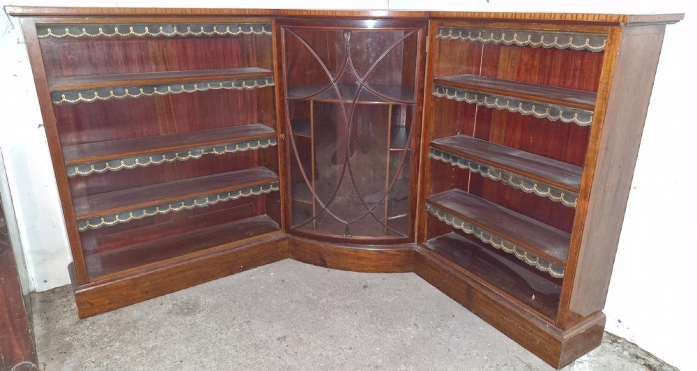 Edwardian inlaid mahogany corner bookcase. View V