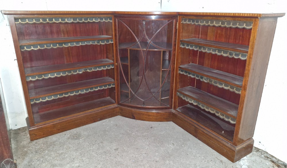 Edwardian inlaid mahogany corner bookcase. View VI